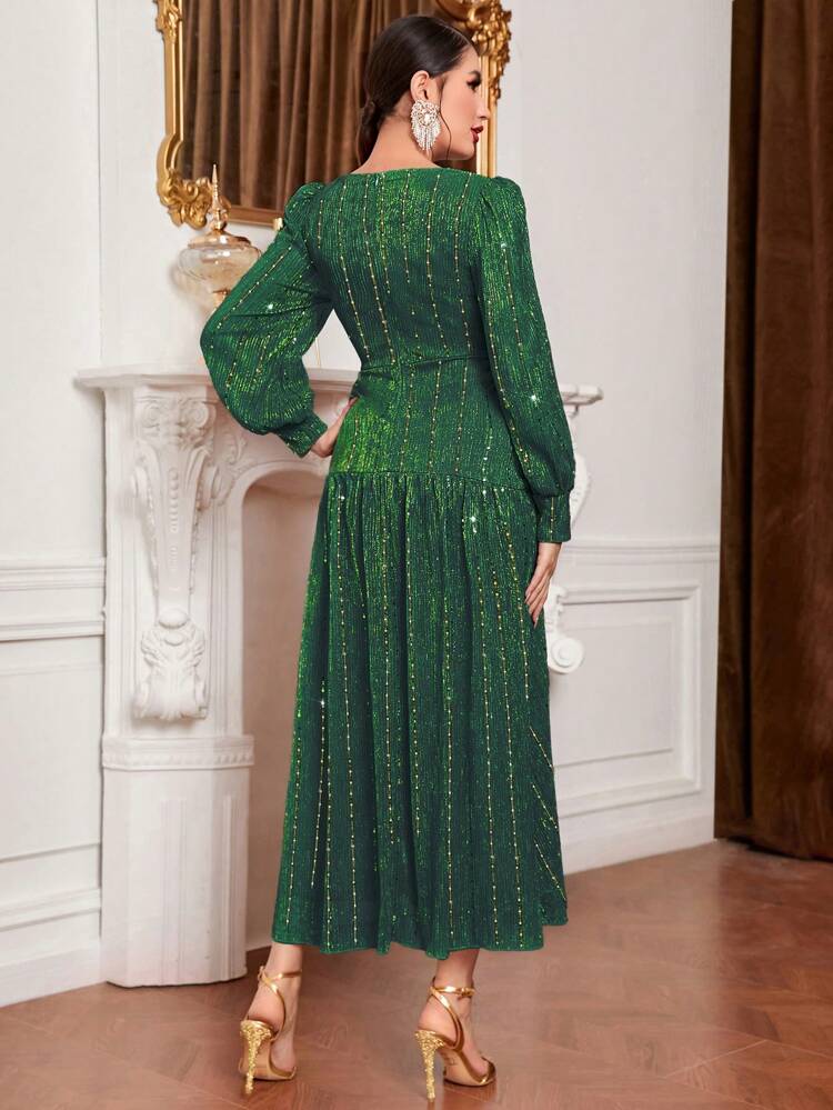 Sparkly Lantern Sleeve Waist-Cinched Dress