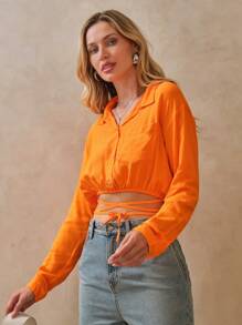 Shein Camisa Feminina Viscose Manga Longa Cropped - Coral - Visão 4