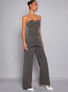 Hauture Mono con botones de raya de gis, cordones en la espalda y bolsillo tipo cargo - Gris Oscuro - Ver 3