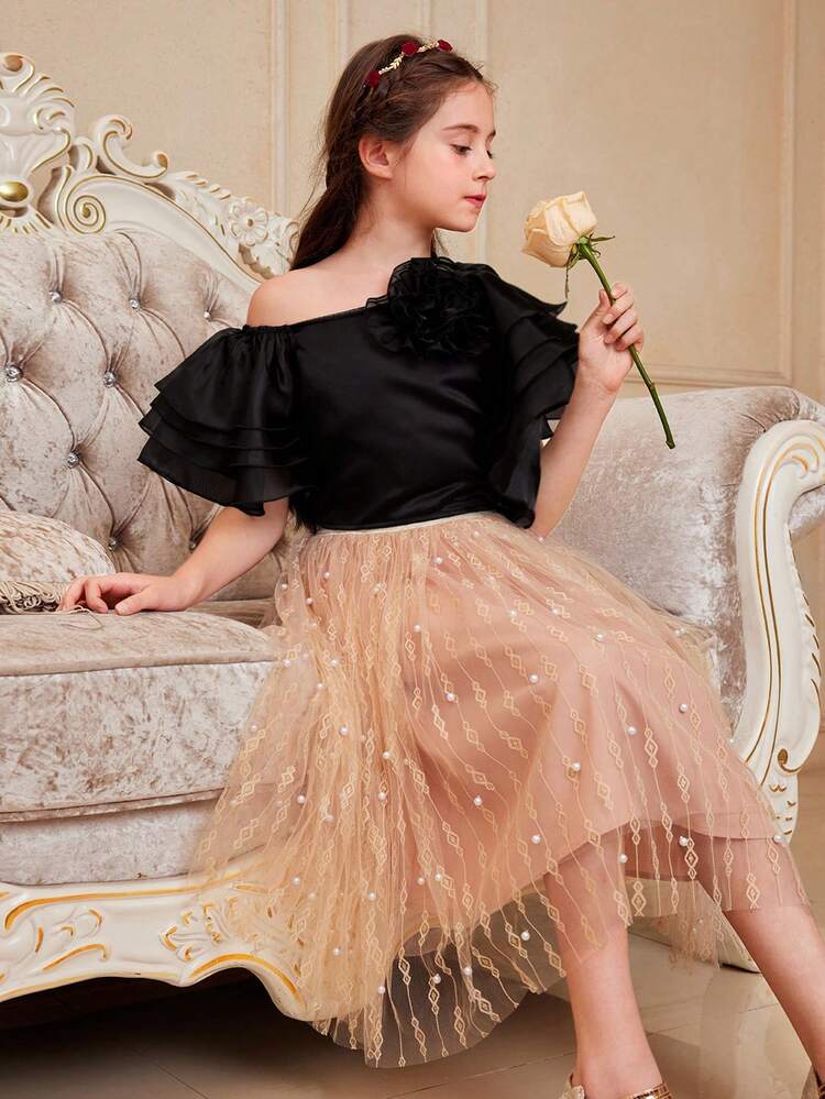 2pcs/Set Tween Girls' Cute Asymmetrical Layered Organza Ruffle Hem Top & Beaded Mesh Skirt