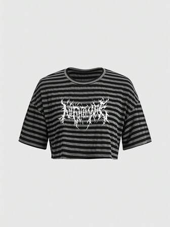 Grunge Punk T-shirt court rayé avec imprimé lettres style punk pour femmes