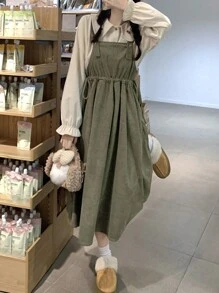 2025 Summer Solid Color Mid-Length Loose Overall Dress, Jumper Dress - Green - View 3