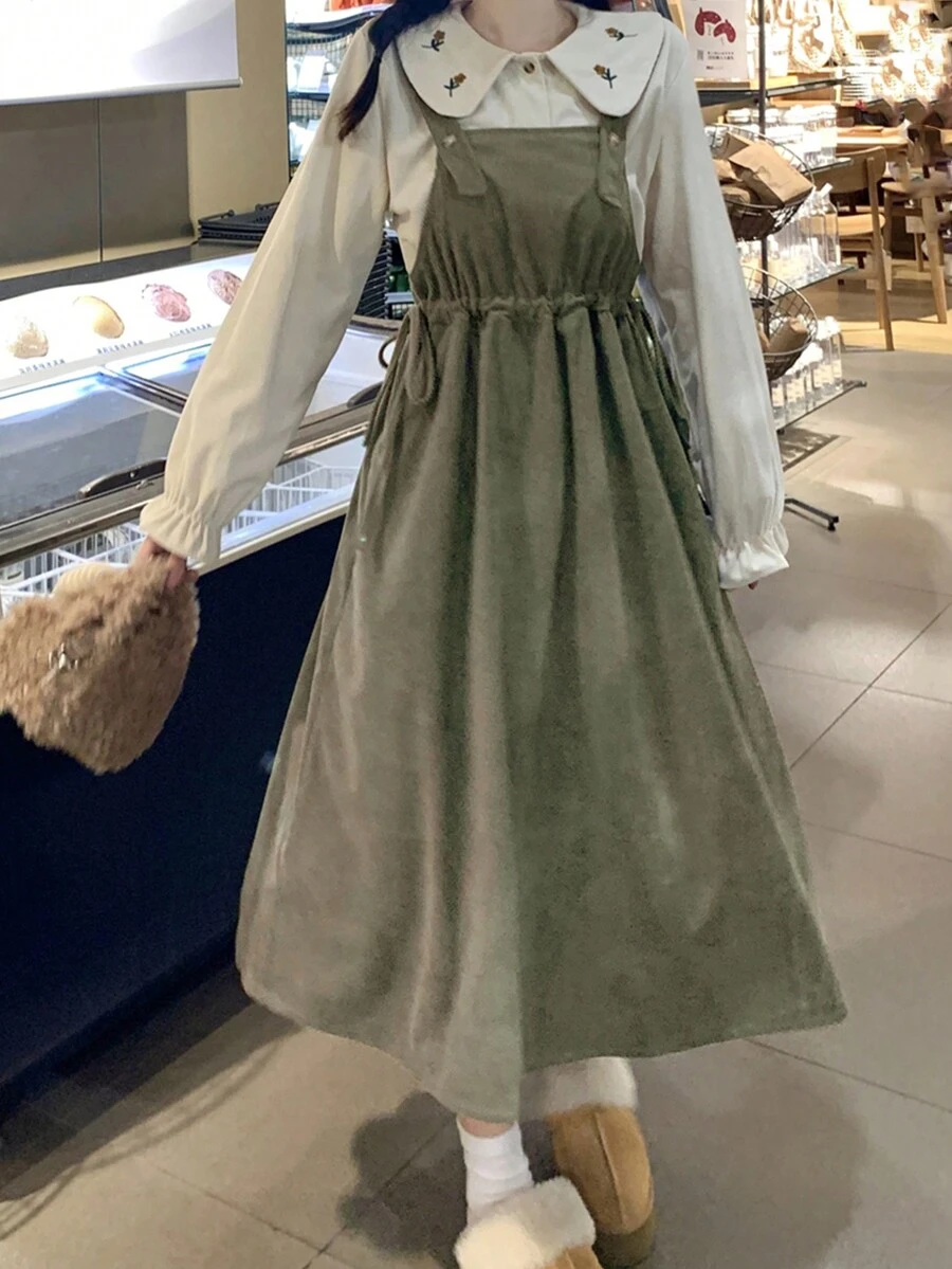 2025 Summer Solid Color Mid-Length Loose Overall Dress, Jumper Dress - Green - View 1