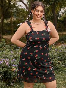 Dreamara 大尺碼透視網紗草莓印花肩帶a字裙,紅色缎带裝飾 - 彩色 - 查看 5