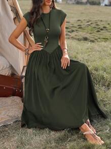 SHEIN LUNE Vestido casual largo de manga corta con cuello redondo para mujer, atuendo maxi de verano para mujeres - Verde militar - Ver 6