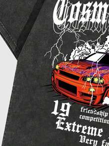 ROMWE MEN Street Life 男士復古賽車短袖t卹,水洗效果,適用於春夏日常穿著 - 黑色 - 查看 4