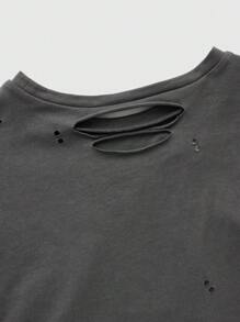 ROMWE PUNK Slogan Graphic Ripped Drop Shoulder Crop Top CHEER FOR TOMORROW Have A Dream BETTER SINCERE TENACITY START SINCERE - Grey - View 3