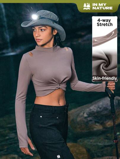 In My Nature 女款長袖t恤,適用於戶外露營、徒步旅行、城市通勤、運動和休閒活動,柔軟彈性,下擺採用扭結設計