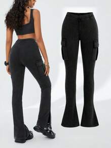 SHEIN Coolane High-Waisted V-Cut Tight-Fit Flared Pants With Side Slit - Black - View 1