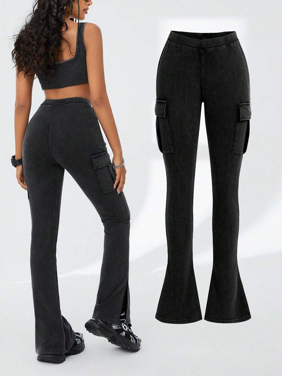 SHEIN Coolane High-Waisted V-Cut Tight-Fit Flared Pants With Side Slit - Black - View 1