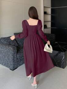 DAZY Vestido de mujer de unicolor con cuello cuadrado, manga de loto y ajuste en la cintura - Burdeos - Ver 5