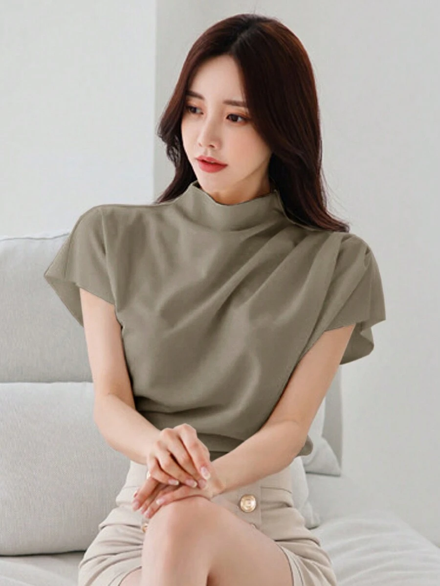 Của phụ nữ Ngắn tay Áo sơ mi Với A Vắt Thiết kế - màu xanh lá - Xem 1