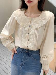 DAZY 撞色蕾丝个性领衬衫长袖上衣 - 杏色 - 查看 4