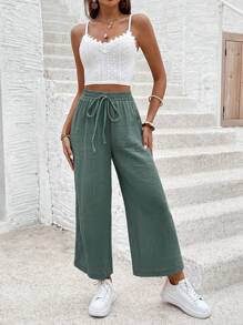 SHEIN Frenchy Ladies' Summer Contrast Lace Crop Top With Spaghetti Strap And Pants Casual Two-Piece Set Green - Dark Green - View 4