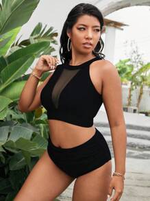 Swim Vcay Plus Size Summer Beach Solid Color Top & Bikini Set Bottom Two-Piece Bikini Set - Black - View 4
