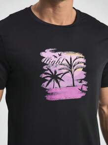 Manfinity Sport Corelite 男友风男士夏季休闲椰子树印花短袖运动T恤 - 黑色 - 查看 7