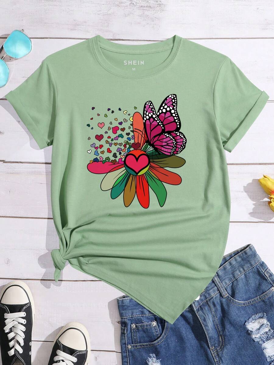 SHEIN LUNE 夏季花卉蝴蝶心形圖案印花休閒圓領t恤 - 橄欖綠 - 查看 1
