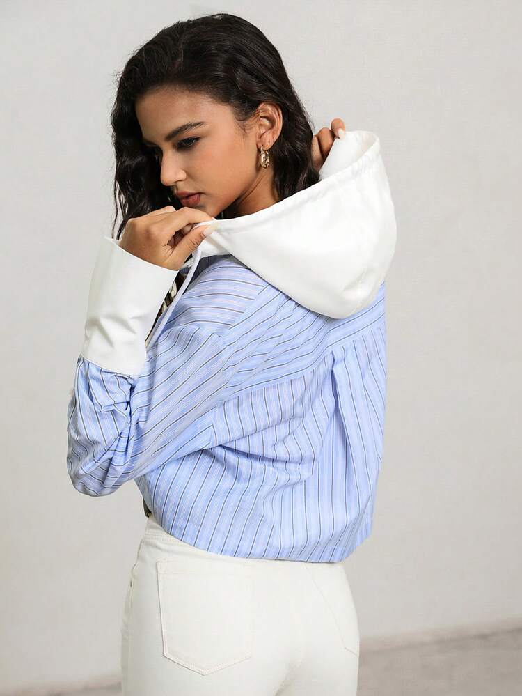 Ladies' Fashionable Short Striped Shirt With Hood For Summer