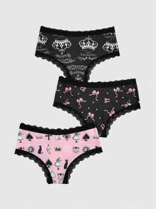 ROMWE Kawaii 3入組蕾絲邊皇冠和蝴蝶結圖案印花三角褲 - 彩色 - 查看 2