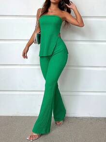 SHEIN SXY Summer Beach Ladies' Solid Green Color Strapless Crop Top & High Slit Skirt Two Pieces Set - Green - View 5