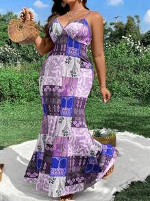 Flirla Plus Size Nữ Vintage & Thanh Lịch In Hoa Hở Lưng Spaghetti Dây Nàng Tiên Cá Viền Kỳ Nghỉ Hè Đầm - Màu tím - Xem 1