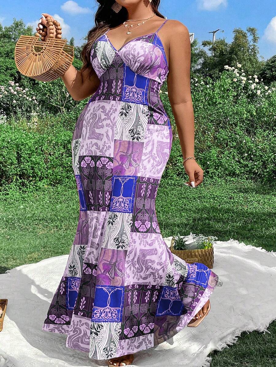 Flirla Plus Size Nữ Vintage & Thanh Lịch In Hoa Hở Lưng Spaghetti Dây Nàng Tiên Cá Viền Kỳ Nghỉ Hè Đầm - Màu tím - Xem 1