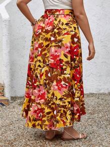 SHEIN VCAY 全身花卉印花波浪邊裝飾,打結側邊的夏季裙子 - 彩色 - 查看 2