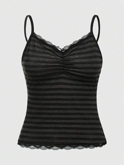 Goth Summer Plus Size Striped Cami Top With Ruched Chest And Lace Trim