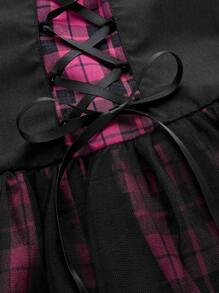 ROMWE PUNK 格紋網紗拼接前繫帶鉚釘吊帶連衣裙 - 彩色 - 查看 4