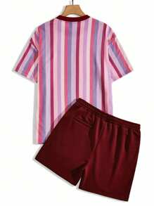Manfinity Hypemode 男士圓領短袖條紋t卹和束腰短褲套裝 - 彩色 - 查看 2