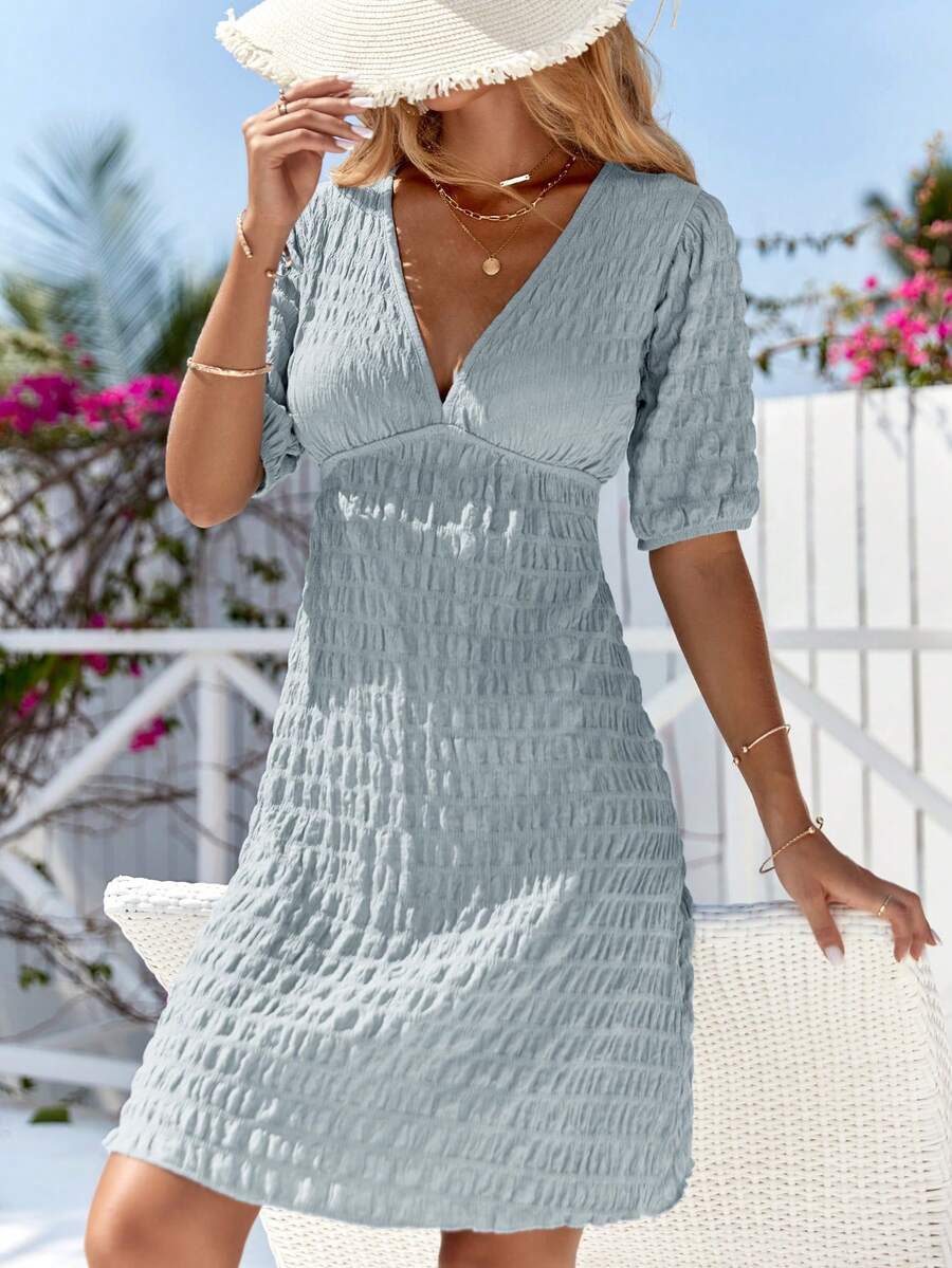 EURMUSE 素色泡泡袖連衣裙 - 藍色 - 查看 1