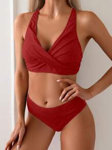 SHEIN Swim 夏季海灘女士純色交叉包裹比基尼套裝，適用於度假 - 紅色 - 查看 5