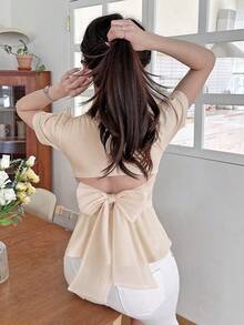 DAZY 女式夏季短袖系帶空心上衣,配有荷葉邊 - 杏色 - 查看 6