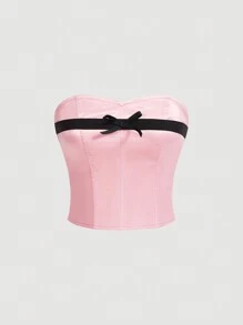 SHEIN MOD Top sans bretelles en satin à volants avec décoration nœud pour femmes - Rose bonbon - Voir 1