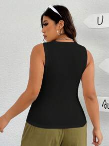 SHEIN EZwear 女士加大尺碼高彈性針織純色夏季背心上衣 - 黑色 - 查看 2