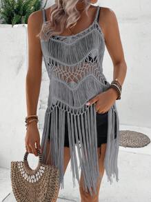 SHEIN VCAY Váy che chắn tua rua hở viền dây mảnh màu trơn mùa hè - Xám - Xem 4