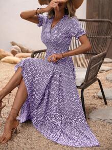 Breezaya Ladies' Elegant Purple Printed V-Neck Dress Maxi Vacation Beach Outfits Women - Purple - View 1
