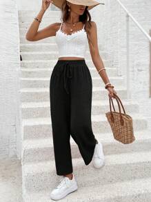 SHEIN Frenchy Lace Schiffy Splice Cami Top And Drawstring Waist Wide Leg Pants Set Summer Black - Black - View 6
