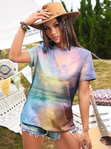 SHEIN Essnce 女士夏季日落漸層染色圓領短袖休閒t恤衫 - 彩色 - 查看 3