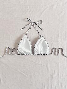 SHEIN Swim Curve Plus Size Summer Beach All Over Print Halter Strap Bikini Top - Black and White - View 2