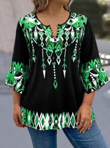 EMERY ROSE 加大尺碼幾何圖案鈕扣半開襟t恤 - 綠色 - 查看 1