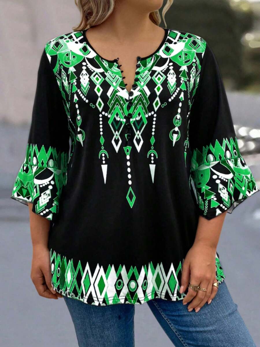 EMERY ROSE 加大尺碼幾何圖案鈕扣半開襟t恤 - 綠色 - 查看 1