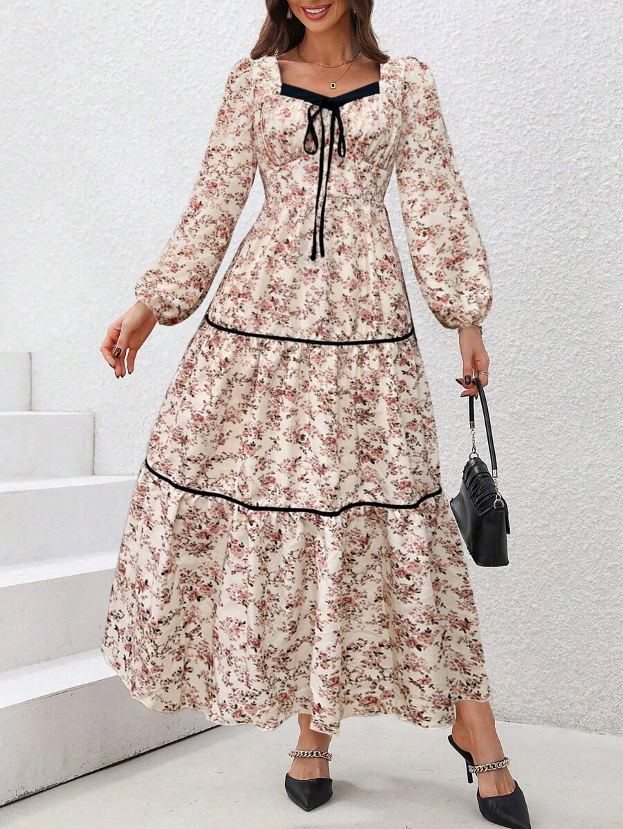 SHEIN Clasi Women's Fashionable Elegant Floral Print Long Sleeve Dress (Random Floral Pattern)