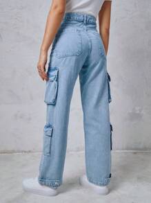 SHEIN Túi nắp bên cạnh Quần jean chở hàng - Rửa nhẹ - Xem 2