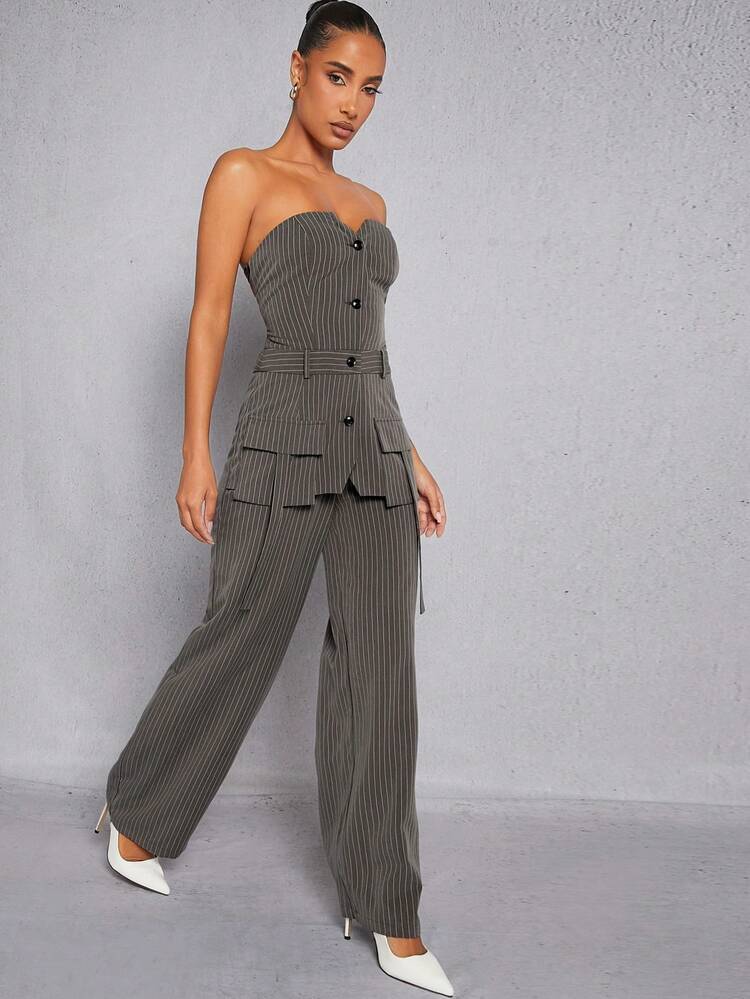 Pinstripe Button Lace Up Back Cargo Pocket Jumpsuit