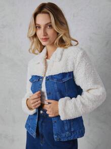 SHE(IN) BRASIL 拼接絨毛翻蓋細節牛仔夾克 - 深色水洗藍 - 查看 4