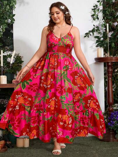 Flirla Plus Size Floral Printed Spaghetti Strap Summer Boho Dress Maxi Vacation Beach Outfits Women
