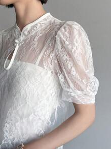 FRIFUL 女式纯色蕾丝短袖夏季透明衬衫 - 白色 - 查看 3