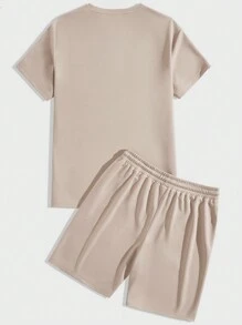 Manfinity Homme Men's Letter Printed T-Shirt And Shorts Set For Summer - Khaki - View 2