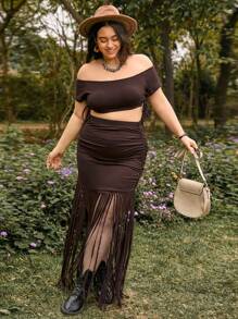 Dreamara Sommer Urlaubsstil, Off-Shoulder Kurzarm Crop Top und Midi Rock mit gefranstem Saum und Patchwork Zweiteiler Set für Damen, Große Größen
